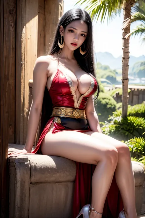 Facial lighting,Bright backlight,Medium chest,Ultra-high resolution,Highest quality,photograph,4K,(Realistic:1.2),NVDI,1 Girl,alone,Black Hair,(Red long skirt:1.1),Long Hair,Pearls and gems,Bare shoulders,Pelvic Curtain,Spread your legs wide,
