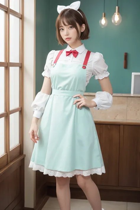 (One woman), short bob, 28 years old, Japanese, brown eyes, brown hair, slim figure, flat chest, flushed, flushed cheeks, flushed face
BREAK
///Fashions 
Retro Diner Waitress Outfit
This outfit is inspired by classic American diners from the 1950s, The wai...