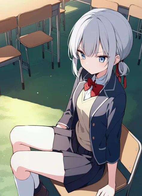 The anime girl has long, silver hair tied with a red ribbon, striking blue eyes, and a serious expression. She wears a light blazer over a dark vest or dress, a red bowtie, and white thigh-high socks. Seated in a classroom, she appears thoughtful in the se...