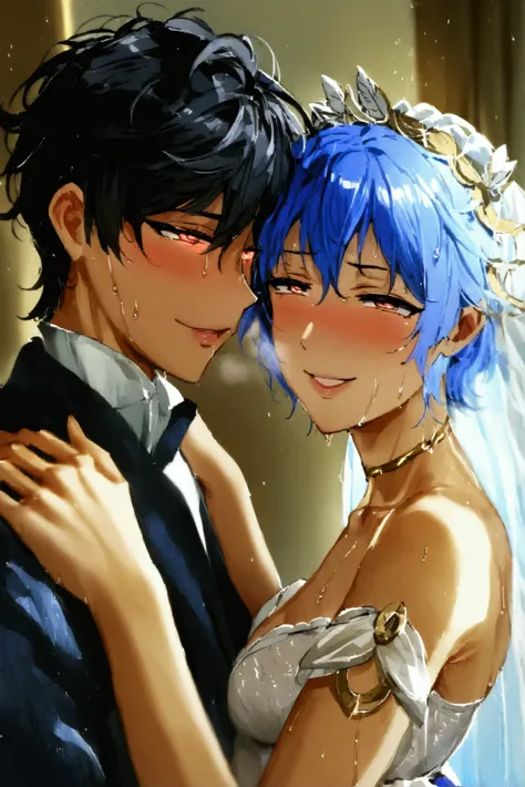 Wanderer fused with Miquella and Yamato smiling softly, hungry eyes, bedroom eyes, body shot, bedroom, indigo hair, glowing eyes, bottomless, cuntboy, boy with pussy, wet pussy, in a wedding gown
