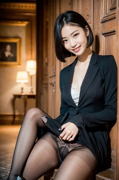 Pure young Japanese girl, wearing dark color classical suits and skirts, (pantyhose), high heels, vivid makeup, natural black hair styles, sitting in antique gothic style rooms, spread wide legs, sweet smile, secret temptations, professional portrait photo...