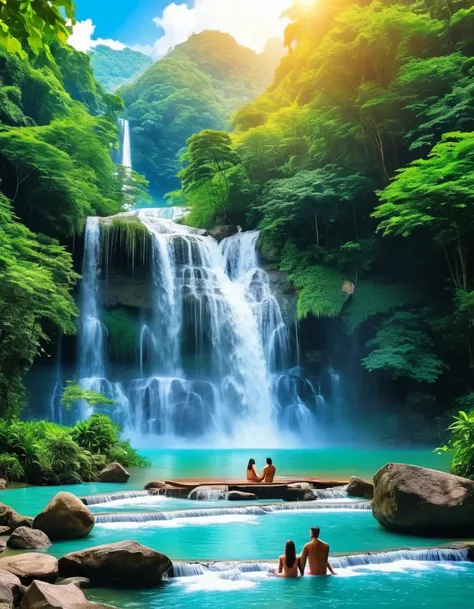 Luxurious vacation home Along the stream, a beautiful waterfall Beautiful atmosphere A man and woman bathe in a flowing waterfall. Image created by AI