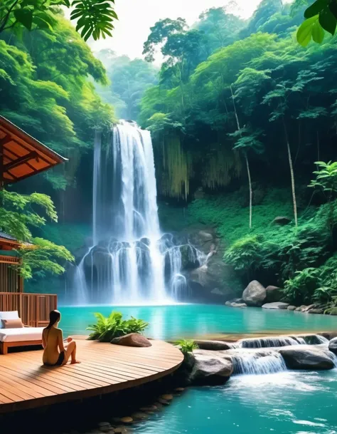 Luxurious vacation home Along the stream, a beautiful waterfall Beautiful atmosphere A man and woman bathe in a flowing waterfall. Image created by AI