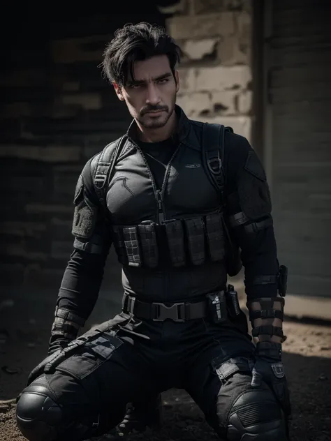 Castle Frank, (( 30 years old )), (( The Punisher MARVEL comics )), with ballistic operational military tactical modular vest (( black, skull printed on the chest )), (( black ACU MILITARY UNIFORM WITH KNEE PADS )), (( military tactical half-finger paintba...