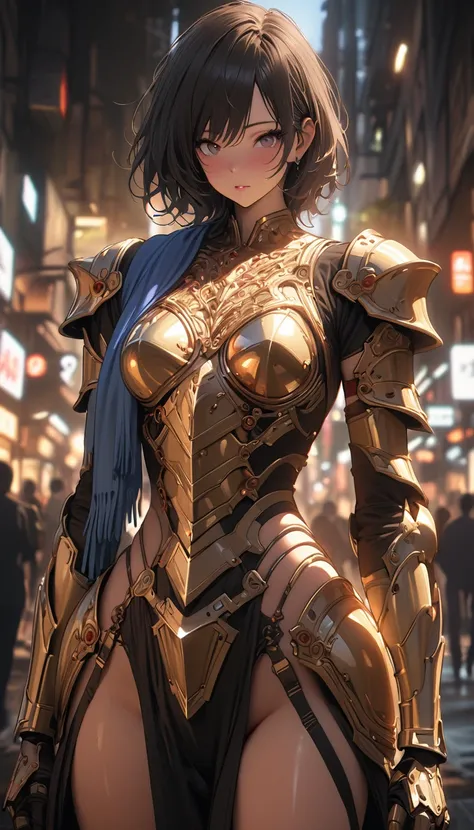 masterpiece, absurd, Fine details, Human Development Report,highly detailed armor with gold plating, shiny armor, Reality,Programmable Logic Devices_armor, a female knight in armor, wearing Programmable Logic Devices_armor, Blue scarf