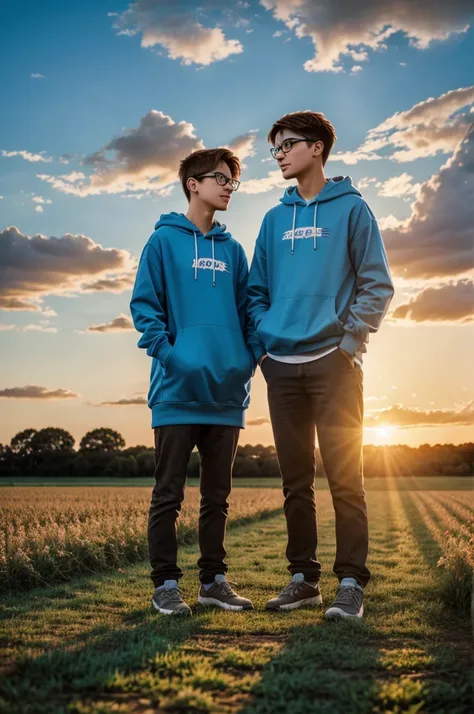 Hope on the horizon,anime art, a 15 year old boy in blue hoodie with brown hair and his female cousin with light blue hair wearing glasses standing in the fields enjoying a sunset and celestial sky