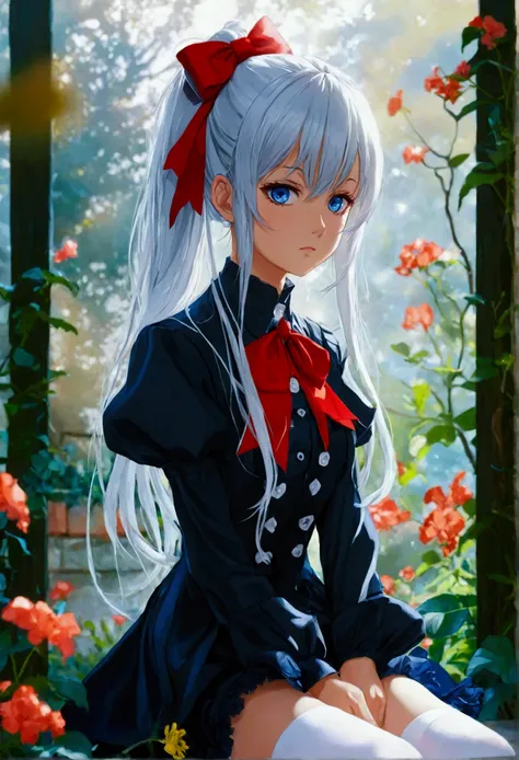 The anime girl has long, silver hair tied with a red ribbon, striking blue eyes, and a serious expression. She wears a light blazer over a dark vest or dress, a red bowtie, and white thigh-high socks.  she appears thoughtful in the serene, light-filled set...