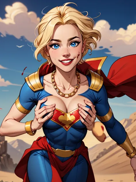 Young female, blonde with short hair, with big, bright blue eyes, wearing a blue costume, with arms on waist and chest puffed out, defined chest, wearing a golden shoulder pad in the shape of an eagle, with a golden chain running across his chest holding a...