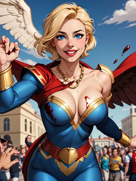 Young female, blonde with short hair, with big, bright blue eyes, wearing a blue costume, with arms on waist and chest puffed out, defined chest, wearing a golden shoulder pad in the shape of an eagle, with a golden chain running across his chest holding a...