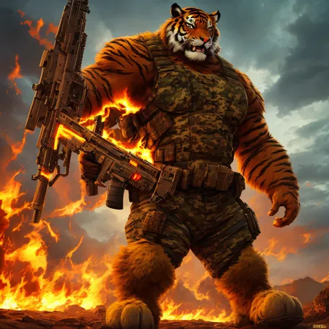 A giant beastman character in the form of a tiger，Wearing a camouflage military uniform，Wearing a pair of military boots。The background is dark clouds filled with firelight，Viewed from the ground upwards，Highlights his massive size。Beast Man holds a toy ri...