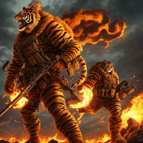 A giant beastman character in the form of a tiger，Wearing a camouflage military uniform，Wearing a pair of military boots。The background is dark clouds filled with firelight，Viewed from the ground upwards，Highlights his massive size。Beast Man holds a toy ri...