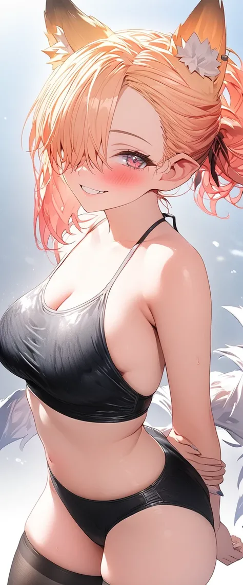 (8k, 4k, Masterpiece, Ultra quality, Ultra detail, HDR, Anime, Brighter colors), (1girl, Kitsune ears, medium hair, Bangs over one eye, 2-tone hair, Tied hair, Blush,smiling, breasts, (swimsuit, thigh highs), Standing , Hands behind back, plain background