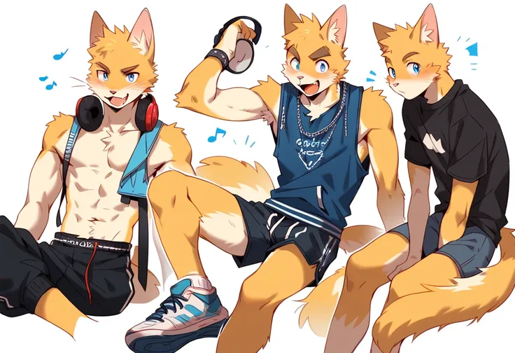 score_9, score_8_up, score_7_up, male, furry, high quality, hires, anthro, teenager, 16 years old, domestic cat, bright yellow fur, blue eyes, wide brown eyebrows, an excited expression, humanoid feet, slim body, prominent v-line, prominent abs, prominent ...