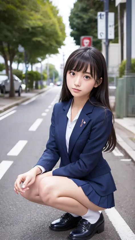 Japanese 18 year old high school girl、Navy blue blazer uniform、Navy blue pleated mini skirt、Crouching