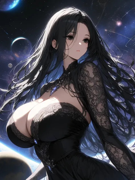 A masterpiece, very detailed, ultra detailed, one, (1 woman), a woman in a closed black dress with cosmic details, with black eyes, long black straight hair and a parting on the side, with huge breasts (big), around her small planets and galaxies, she is a...