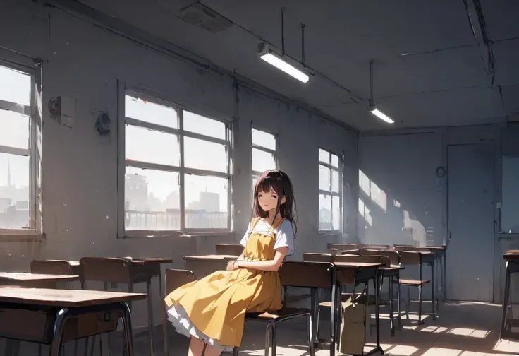 air conditioner、Air conditioning is cool、School、In the classroom、Sitting in a chair、Girl、Girl、Short、Younger、Lower school year、Baby Face、flat chest、Dynamic Angle、masterpiece、best quality、ultra-detail、Summer sunshine、Miniskirt、The desks are lined up、smile、Th...