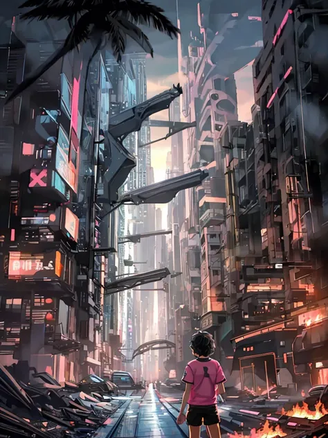 best image], [4k, HD] Boy, short black hair, 11-13 years old, short, light skin, wearing pastel pink shirt, black shorts, back to the Looking at destroyed city on fire, blue fire in the background