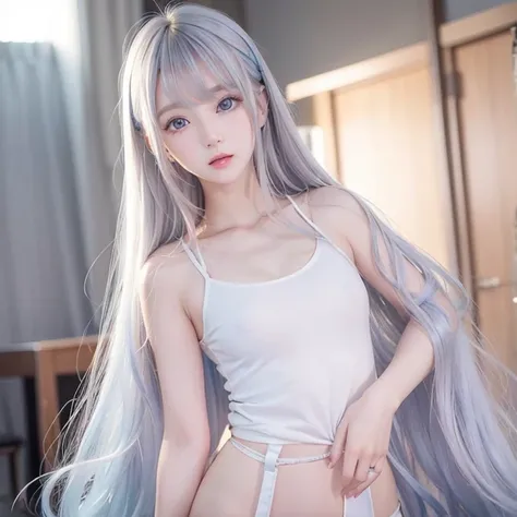 silver shiny hair、Super long straight silky hair、Dazzling blonde super long silky hair、16 years old cute little beautiful face、A beautiful girl、Sparkling blonde dancing in front of a pretty face、Long, silky bangs that cover the space between the eyes、Very ...