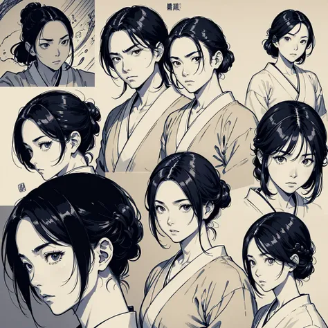 Japanese cartoonist Takehiko Inoue style，Generate comic scenes，Have different expressions and gestures，Wearing traditional clothes，Exquisite details，High-resolution，Center the composition，The style references traditional Chinese art ratio 16:9 heroic、Japan...