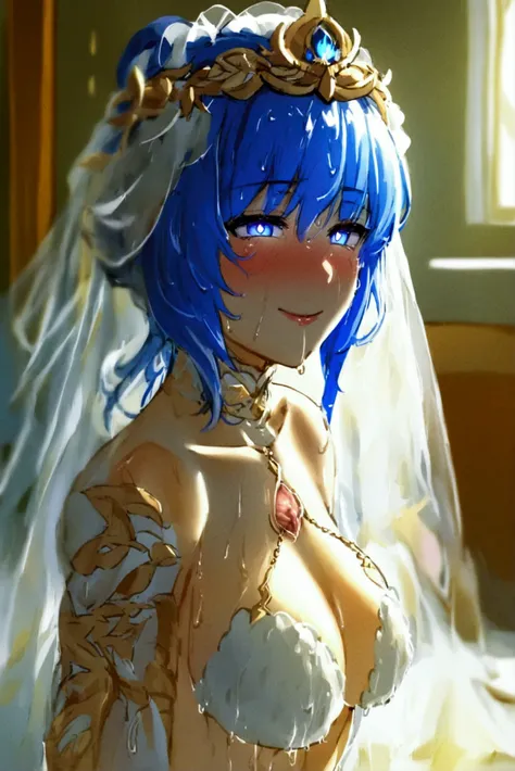 Wanderer fused with Miquella smiling softly, hungry eyes, bedroom eyes, body shot, bedroom, indigo hair, glowing eyes, bottomless, cuntboy, boy with pussy, wet pussy, in a wedding gown
