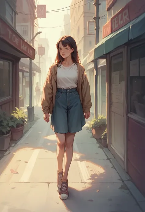 Young woman standing on the street, Blur the background, beautiful, Realistic、18 years old