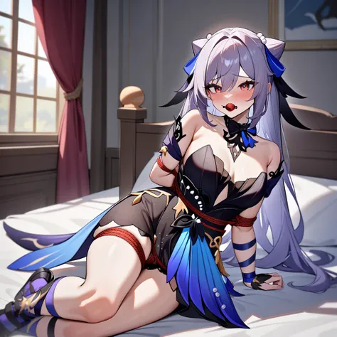 1girl, keqing (opulent splendor) (genshin impact), genshin impact,bedroom,lying on a bed, bondage,gaged,ballgag,rope,hand behind back,masterpiece,very aesthetic,newest,