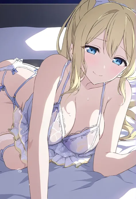 Eri Ayase　Blonde　Blue eyes　ponytail　Light blue negligee　White garter belt　smile　Huge breasts　night　Love Hotel　Seduce　Lying in bed　night景　Dark Room　Lie down on the bed　Sweaty