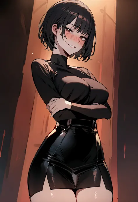 masterpiece, best quality 1girl, solo, beautiful woman, bangs, black hair, short hair, bob cut, dark brown eyes, deep blush, grin, medium breasts, black turtle neck sweeter, short black skirt, plated skirt, arms crossed under her breasts, looking at viewer