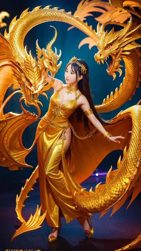 Golden dragon on background、goddess、No exposure、Front facing