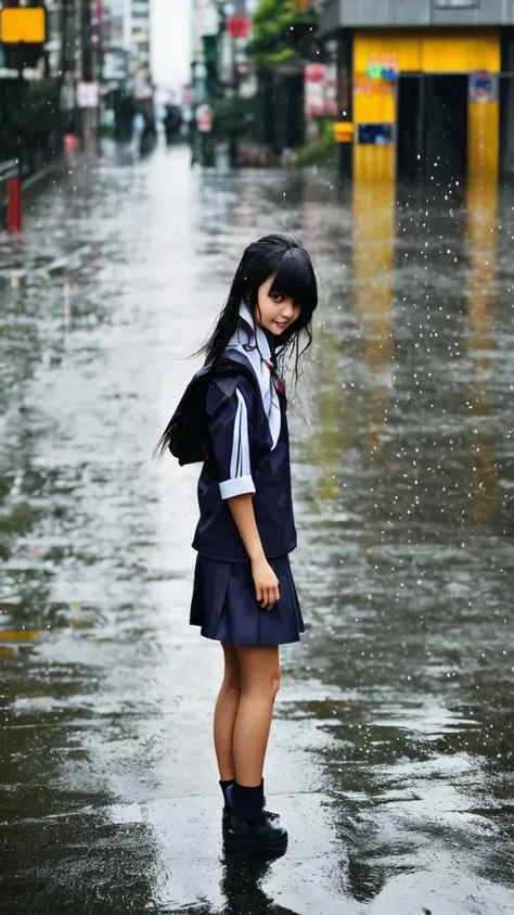 One girl, japanese, rain-wet hair, rain-wet clothes, rain-wet legs, rain-wet face, messy hair, whole body wet with rain, (((school uniform))), 20 years old, beautiful woman, pretty face, cute face, rainy cityscape