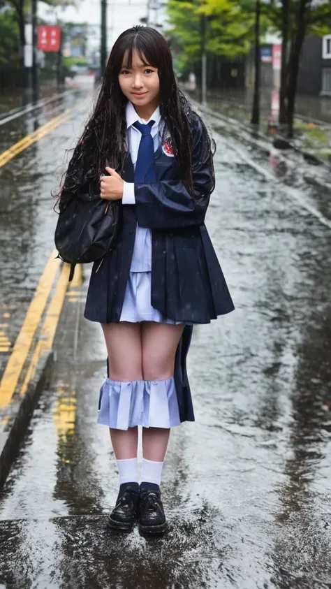 One girl, japanese, rain-wet hair, rain-wet clothes, rain-wet legs, rain-wet face, messy hair, whole body wet with rain, (((school uniform))), 20 years old, beautiful woman, pretty face, cute face, rainy cityscape