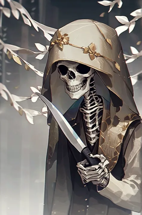 ((Лучшее качество)), ((шедевр)), (подробный), A skeleton with a knife in his hand