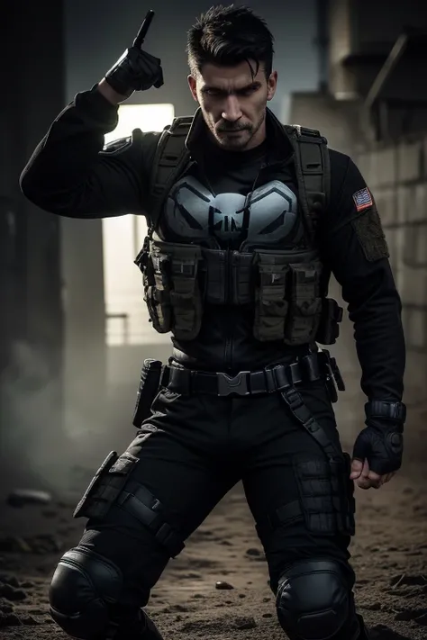 Castle Frank, (( 30 years old )), (( The Punisher MARVEL comics )), with ballistic operational military tactical modular vest (( black, skull printed on the chest )), (( black ACU MILITARY UNIFORM WITH KNEE PADS )), (( military tactical half-finger paintba...