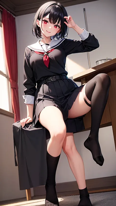 ( Absurd , high quality , Super detailed, Watch your hands )Black short hair,Red eyes,Small breasts,Long sleeve black sailor suit,Long Skirt,high school girl,In a school classroom,smile,Socks are above the knee,Black socks