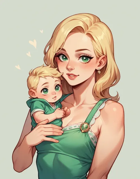 A super beautiful girl with blonde hair, green eyes, fair skin, a baby face, fashionable clothes, small breasts and straight hair, watches her beautiful mother being seduced by a man she doesn&#39;t know.