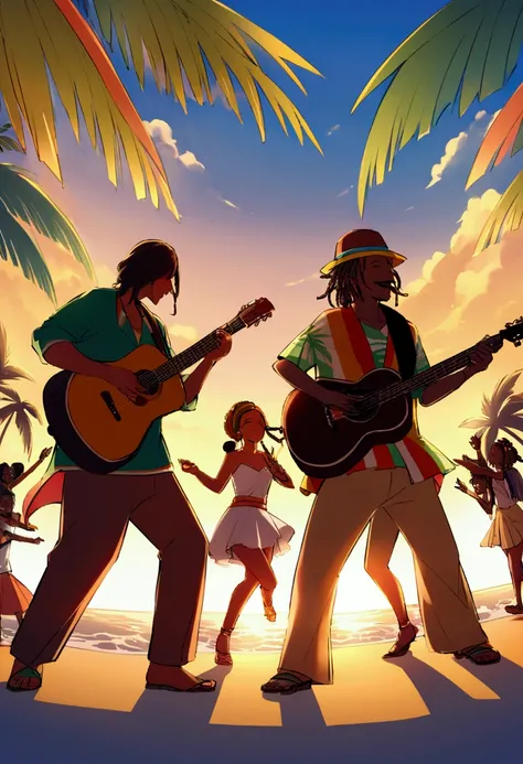 「Imagine a Caribbean sunset under palm trees., With a reggae band playing. People dancing to music々Shooting, Brightly dressed Rastafarian style. Depict the ocean breeze blowing through, Create a fun atmosphere.&quot;I&#39;m playing the guitar.