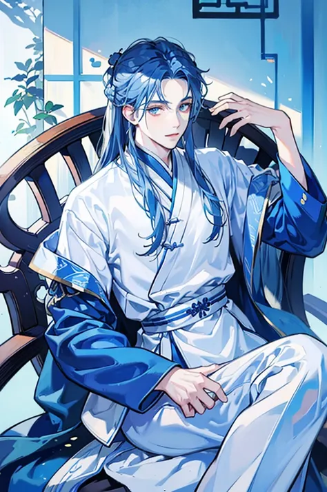 A young man, without a beard, long blue hair, Blue eyes, White skin, china, Hanfu, blue clothes