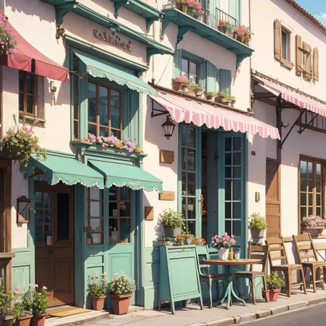 Create a unreal watercolor illustration of a charming French café façade, front view, featuring light aqua green tones with pink accents. The scene should include a table and two chairs on the right and a pink bicycle with a basket of flowers on the left. ...