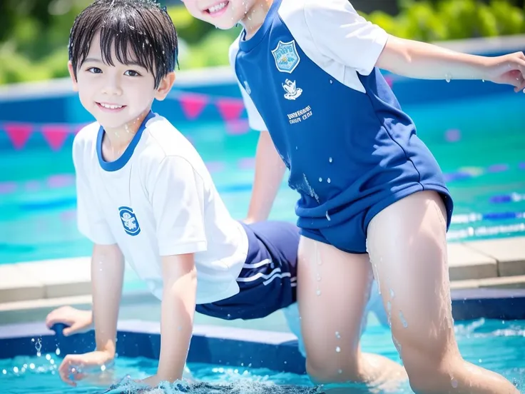 hot summer、primary school、Summer swimming pool、Have fun、Get wet all over、Japan Boy、Glowing water splashes、Pool lessons、Boy playing in water、The happy boys、Strong sunlight、Short sleeve gym uniform、Blue shorts、barefoot，Boys only 、１０age、high resolution、master...