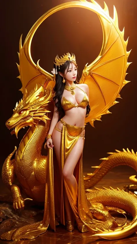 Golden dragon on background、Goddess、Goddessを大きく正面向き、No exposure