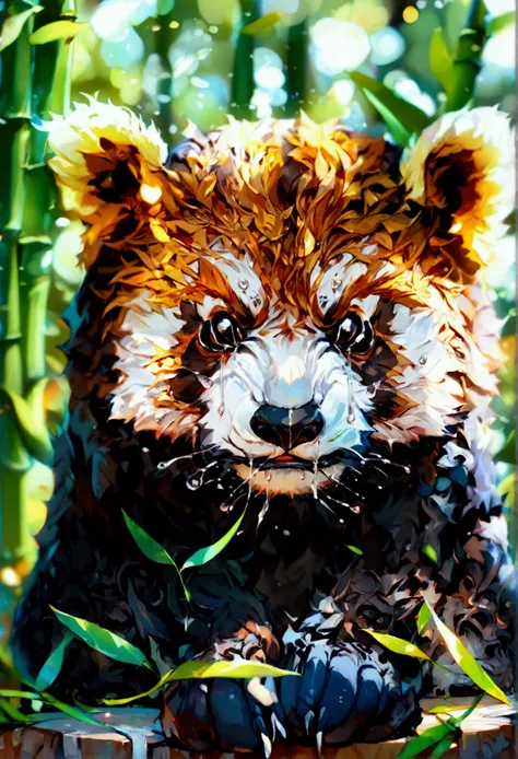 List of cute Chinese giant panda emojis,cartoon animals,A green bamboo leaf on the head,Hands on hips,Short legs, (((unhappy,Cried sadly,Angry expression,甩头Angry expression))) , (((Detailed panda animal portrait table,Front view,side view,three quarter vie...