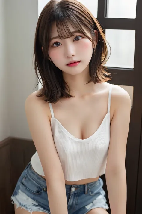 Highest quality, (beautiful)、Super delicate eyes、Brown eyes、22-year-old female、Brown Hair、looking at the camera、Semi-short hair、Camisole pulled down low enough to expose nipples、Soft Breasts、Shorts、indoor