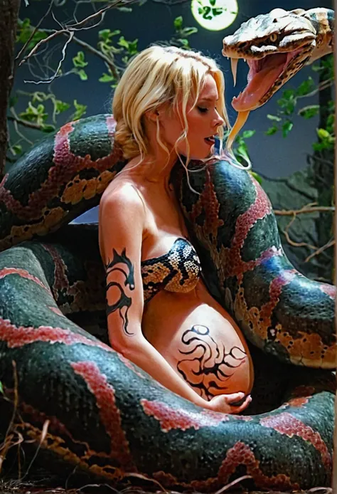 Pregnant Happy Horny, aroused 1girl), beautiful kneeling blonde young teen girl  with  giant colossal Kaa monster squeezing her hard, wrapped in thick spiraling coils, constricted, struggle, gasping for air, snake attack, snake peril, moonless night, dim l...