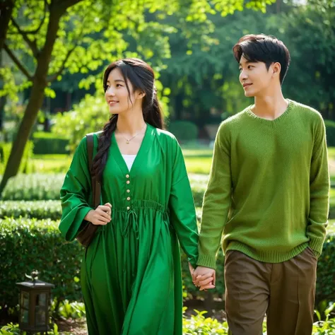 A passionate and idealistic man, dressed in green clothing, representing the INFJ (Advocate) MBTI personality type. He is depicted with a sincere and caring expression, holding his girlfriends hand with a deep sense of commitment. They are in an inspiring ...