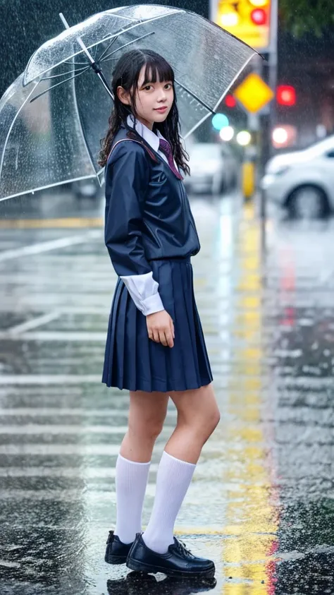 One girl, rain-wet hair, rain-wet clothes, rain-wet legs, rain-wet face, messy hair, whole body wet with rain, (((school uniform))), 20 years old, beautiful woman, pretty face, cute face, rainy cityscape