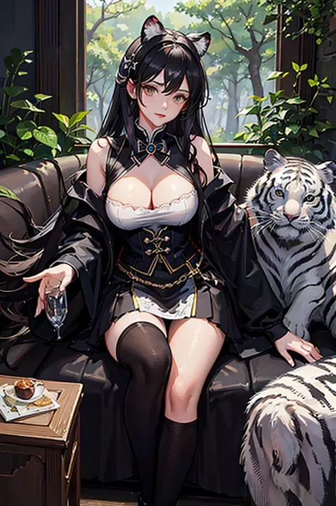 Royal sister，Big breasts，Black long，Black Hair，hunter，Bow and Arrow，beautiful girl，forest，Dark，White Tiger Mount，
