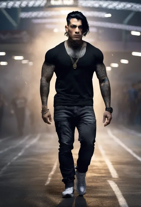 1 man, inside a clandestine race track, wearing a black shirt, detailed facial features, beautiful black and masculine eyes, detailed light skin, medium-length black hair, strong expression, tattoos on the body, dramatic lighting, cinematic composition, co...