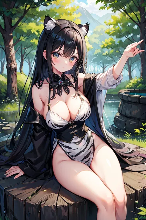 Royal sister，Big breasts，Black long，Black Hair，hunter，Bow and Arrow，beautiful girl，forest，Dark，White Tiger Mount，