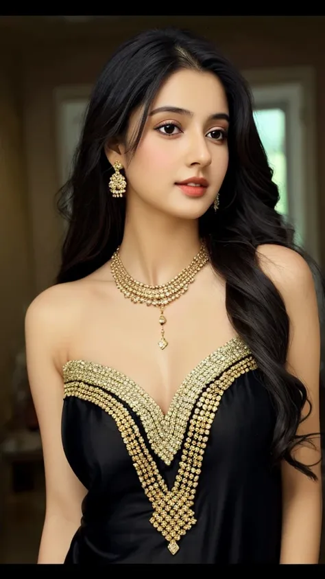 1girl in, age19, Solo, Long hair, Colossal , Looking at Viewer, black hair, Bare shoulders, Brown eyes, jewely, Full body, a necklace, off shoulders, salwar and dupatta, Realistic, A sexy