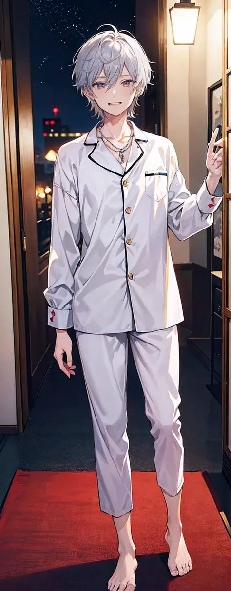 High resolution, High resolution,2D Anime Style,,Cool guy,Mature,,20th generation,short hair,Silver Hair,Red eyes,Beautiful Watches,Beautiful earrings,Beautiful Necklace,pajamas,He is laughing a little,night,Standing with your legs apart,nightの寝室